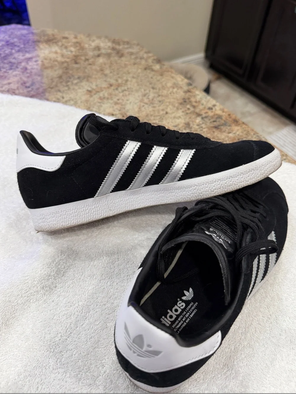 adidas Black, White, & Silver Gazelle Suede Women’s Sneakers